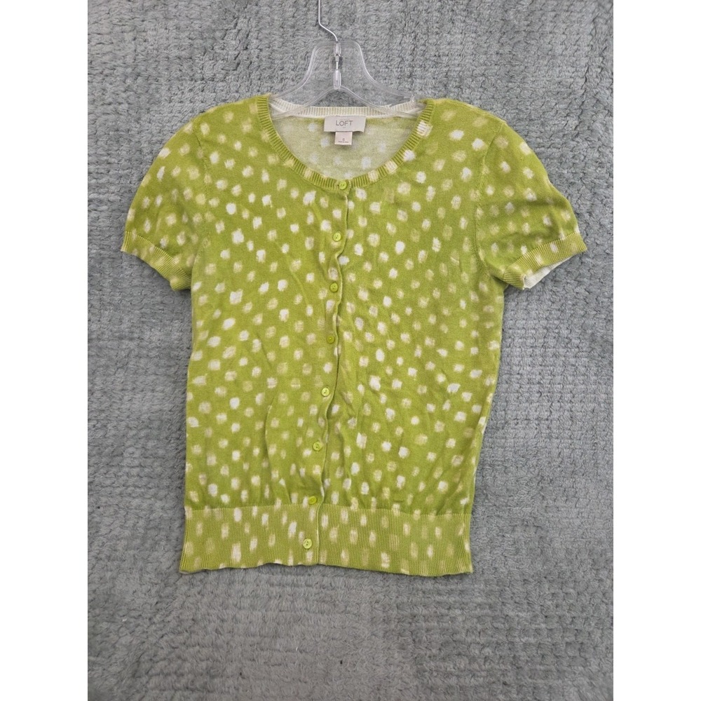 LOFT Women's Cardigan Sweater Small Green White Polka Dot Button Front
